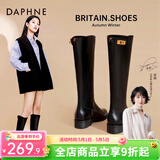 达芙妮官方长筒靴女2026秋冬新款骑士靴子女显瘦加绒高筒靴英伦风时装鞋 复古黑 单层 37