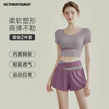 VICTORIATOURIST瑜伽服女跑步运动套装秋冬健身服普拉提短袖短裤带胸垫两件套