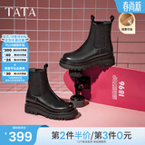 他她（TATA）英伦风切尔西靴女显瘦加绒厚底烟筒靴时装靴冬新GXB01DD4 黑色（单里） 38