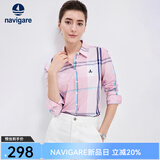 Navigare意大利小帆船女士长袖衬衫春秋季休闲格子衬衣莱赛尔高档寸衫 洋红/白 M