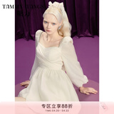 糖力在逃公主 秋新款长袖蝴蝶结绑带轻薄欧根纱花苞连衣裙女 杏色 S