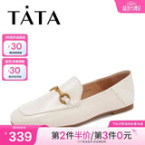 他她（TATA）方头乐福鞋女休闲平底一脚蹬小皮鞋女单鞋春秋款FLC22AM5 米色 35