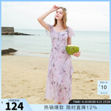 三彩2025夏季新款木耳边荷叶袖蝴蝶印花雪纺连衣裙大摆长裙M 淡紫色花卉 M 160/84A