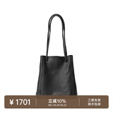 裘真008水桶包女斜挎通勤大容量真皮复古小众植鞣牛皮包包 黑色-小号