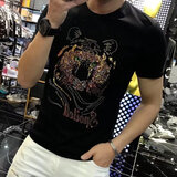 狄帝鲨 欧洲站夏季新款潮流时尚男装烫钻冰丝t恤男印花棉质短袖男士上衣 港湾-D034纯棉【黑色】 S