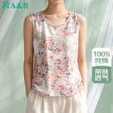 AB女纯棉无袖背心圆领印花妈妈上衣汗衫家居服 红牡丹 L