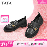 他她（TATA）通勤百搭乐福鞋春季新款方跟小皮鞋女一脚蹬单鞋WCPA1AA5 黑色 35