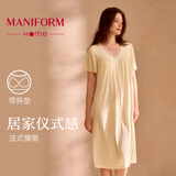 曼妮芬性感V领短袖裙装女士家居服舒适起居服睡裙睡衣礼物送妈妈 【茶歇 Bra-in系列】黄色 睡裙 L 165