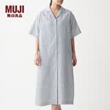 MUJI MUJI 女式 法国亚麻水洗 五分袖开襟连衣裙 BCL08C0S 米白色X条纹 M-L