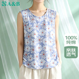 AB女纯棉无袖背心圆领印花妈妈上衣汗衫家居服 蓝底太阳花 XXXL