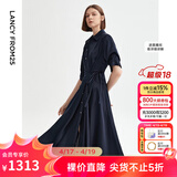 朗姿复古设计感气质休闲长裙高级感衬衫裙女裙子 藏蓝色 XL