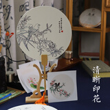 一海堂 文化团扇DIY材料包 宣纸扇 线稿白描底稿儿童手工涂色填色国画绘画亲子互动 描红扇 花鸟款 5把套装