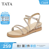 他她（TATA）绝美坡跟凉鞋女外穿一字带时装凉鞋秋季新款7UA03BL4 金色 35