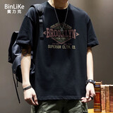 BINLIKE重磅美式复古印花日系短袖t恤男宽松大码半袖潮流重磅打底衫上衣