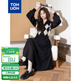 唐狮（TonLion）2024黑色v领拼接格纹连衣裙女复古针织格子裙气质长裙 黑色 L 