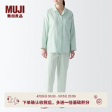 MUJI 女式 无侧缝双层纱织睡衣女士家居服春秋纯棉条纹格纹长袖 女款 淡绿色条纹 M (上装160/84A下装160/66A)