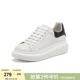 百思图春商场新款牛皮休闲小白鞋松糕厚底女运动板鞋ZWZA3AM4 白黑色（5cm经典款） 36