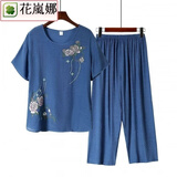 花岚娜中老年人夏季纯棉麻短袖妈妈装大码休闲洋气宽松两件套装上衣裤子 花簇款宝蓝色 3XL 建议115-130斤
