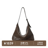 裘真【明星推荐】经典hobo包植鞣牛皮腋下通勤休闲饺子女包 咖啡色-大号 小包/大包
