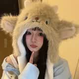 帝行新款卡通小羊加绒加厚毛线帽子女保暖捏捏耳朵会动护耳帽防寒帽子 奶萌心动小羊（浅卡其）冬日甜妹