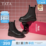 他她（TATA）英伦风切尔西靴女显瘦加绒厚底烟筒靴时装靴冬新GXB01DD4 黑色（绒里） 37