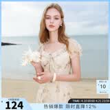 三彩2025夏季新款木耳边荷叶袖蝴蝶印花雪纺连衣裙大摆长裙M 杏色花卉 L 165/88A