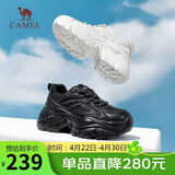 骆驼（CAMEL）老爹鞋女网布皮面拼接双系带厚底休闲鞋 L23S703108W 黑色透网 36