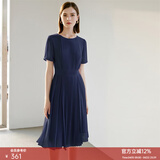 颜域（YANYEE）短袖百褶连衣裙2026夏天新款女装气质女神范收腰显瘦气质a字裙 深蓝 L/40