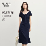 熙世界（sllsky）藏青色蕾丝V领拼接蝴蝶结绑带短袖连衣裙女2026年夏季新款