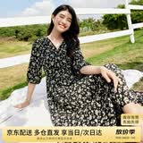 尚都比拉度假风碎花连衣裙女夏天V领气质中长裙收腰A字雪纺裙子 黑花 S