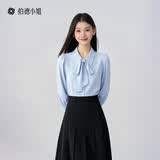 伯德小姐蓝色长袖衬衫女飘带职业通勤上衣抗皱面试西装内搭雪纺衬衣 M