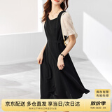 尚都比拉法式连衣裙夏季中长款a字裙泡泡袖系带收腰显瘦裙子 黑色 XL 