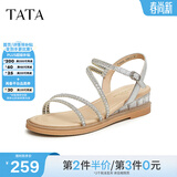 他她（TATA）绝美坡跟凉鞋女外穿一字带时装凉鞋秋季新款7UA03BL4 银色 38