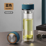 富光玻璃杯男女士商务车载双层耐热玻璃水杯带茶隔透明便携泡茶杯子 420ml蓝色