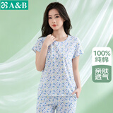 AB纯棉女中老年夏薄款家居服妈妈上衣宽松大码印花短袖汗衫 蓝雅【上衣】 L