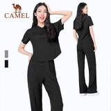 骆驼（CAMEL）休闲运动套装新款女装短袖外套阔腿直筒长裤两件套针织休闲运动服
