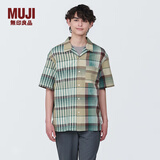 MUJI 男式 马德拉斯格纹 开领短袖衫 男士衬衫衬衣外套 格子 纯棉全棉 米色格纹 S(165/84A)