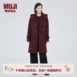 MUJI女式 羊毛混牛角扣大衣长款连帽毛呢呢子外套秋冬季外衣女装 深紫红色 S (155/80A)
