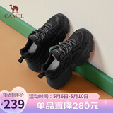 骆驼（CAMEL）老爹鞋女网布皮面拼接双系带厚底休闲鞋 L24S283079 黑色 39