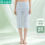 AB纯棉女中老年夏薄款家居服妈妈上衣宽松大码印花短袖汗衫 蓝雅【裤子】 L