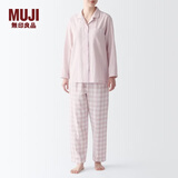 MUJI 女式 无侧缝双层纱织睡衣女士家居服春秋纯棉条纹格纹长袖 女款 浅粉红色格纹 M (上装160/84A下装160/66A)