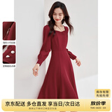 尚都比拉新年红高级感长袖连衣裙女春秋气质方领中长款内搭打底赫本风裙子