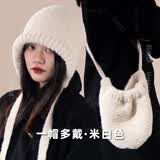 QUEEN TRIP包包帽大头围毛线帽女秋冬可爱包头帽绑带巴拉克拉法帽毛绒针织帽 米色【可当包包使用】
