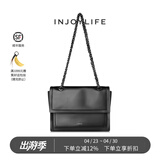 INJOYLIFE流浪包小众软皮通勤包机车大容量单肩包双链条女包牛皮方包 黑色