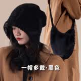 QUEEN TRIP包包帽大头围毛线帽女秋冬可爱包头帽绑带巴拉克拉法帽毛绒针织帽 黑色【可当包包使用】