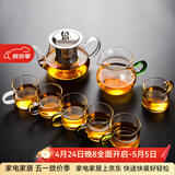 瓷牌茗茶具（cipaiming teaset） 透明玻璃茶具整套套装家用功夫茶壶茶杯会客泡茶器 透明八骏壶6彩把杯+绿柄公杯