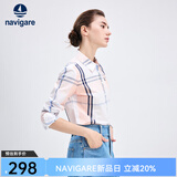 Navigare意大利小帆船女士长袖衬衫春秋季休闲格子衬衣莱赛尔高档寸衫 粉红/白 M