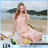三彩2025夏季新款木耳边荷叶袖蝴蝶印花雪纺连衣裙大摆长裙M 浅粉色花卉 S 155/80A