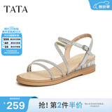 他她（TATA）绝美坡跟凉鞋女外穿一字带时装凉鞋秋季新款7UA03BL4 银色 35