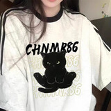 妙奕嘉短袖t恤女新款潮流夏季衣服女装纯棉宽松半袖高颜值上衣长款遮臀 黑猫印花短袖【米灰色】 M 【建议110斤内】